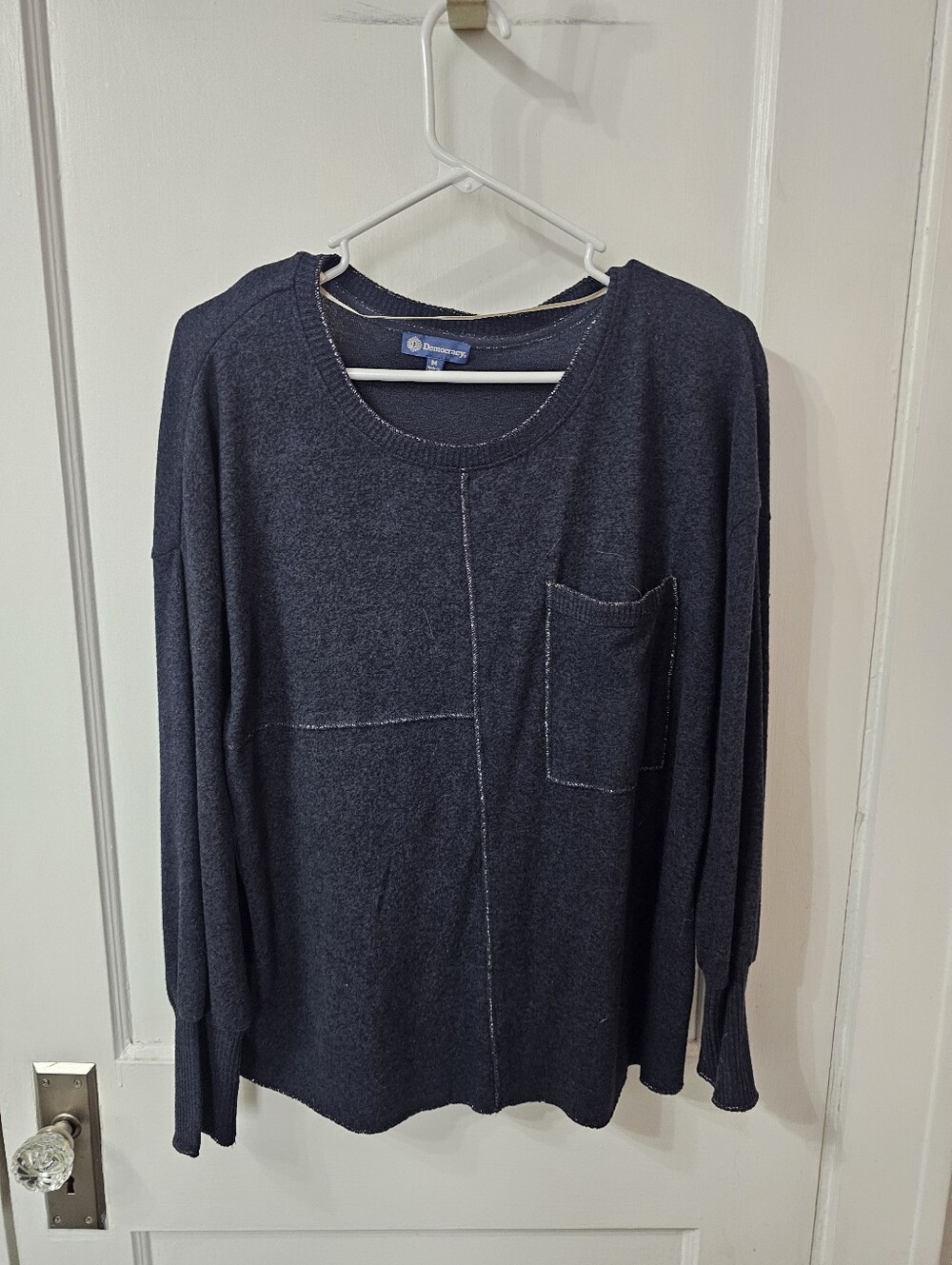 Democracy Light Weight Navy Blue Sweater With Silver Details, Sz M, Like New